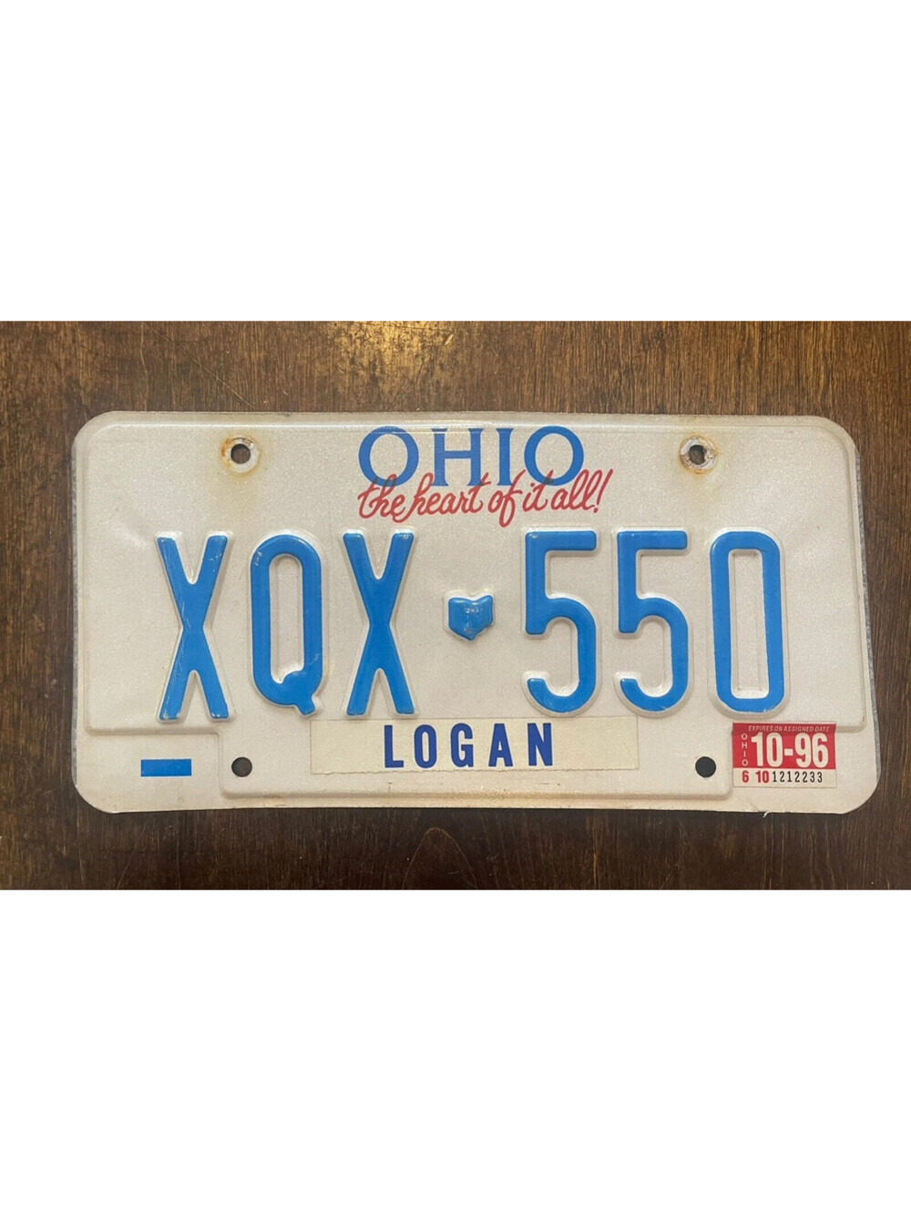 License Plate Ohio State USA American Vintage Expired OH Logan 1996 96 XQX 550